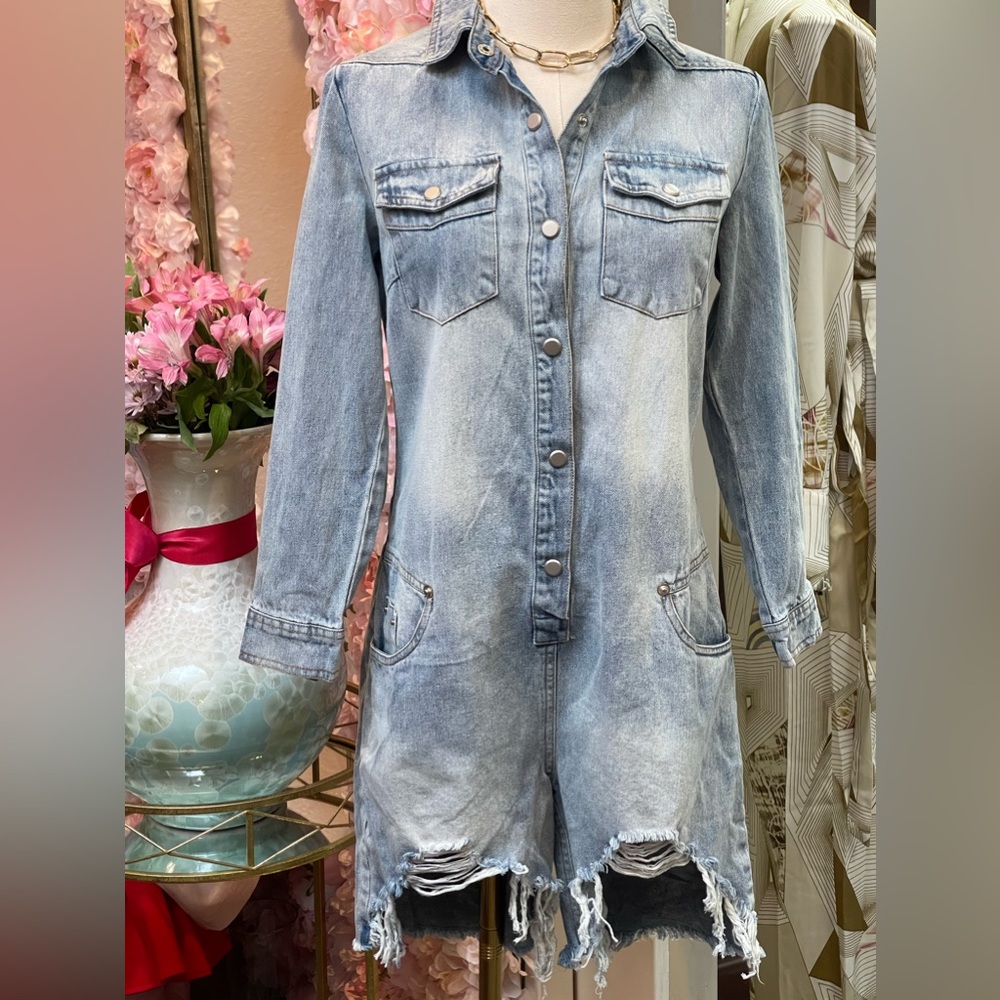Washed Denim Romper with Distressed Hem - Light Blue